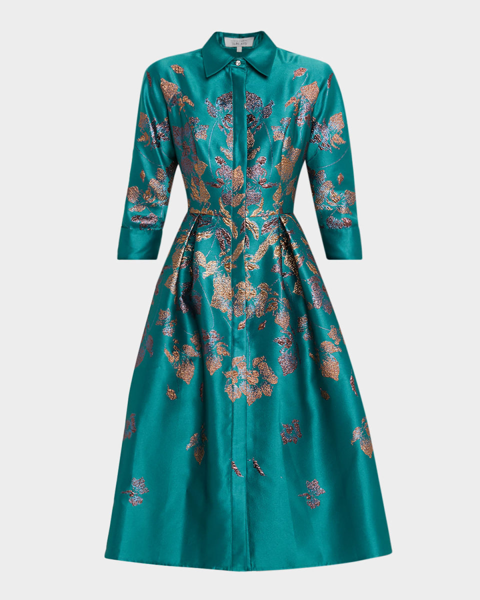 Pleated Metallic Jacquard Midi Shirtdress